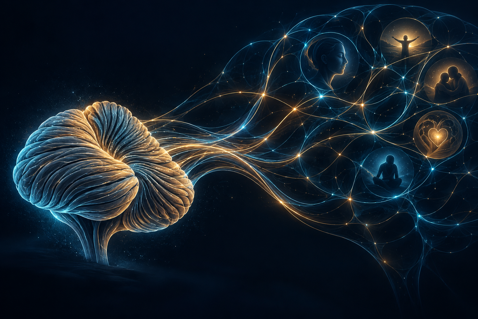 Ilustração conceitual de um cerebelo conectado a uma rede de experiências emocionais